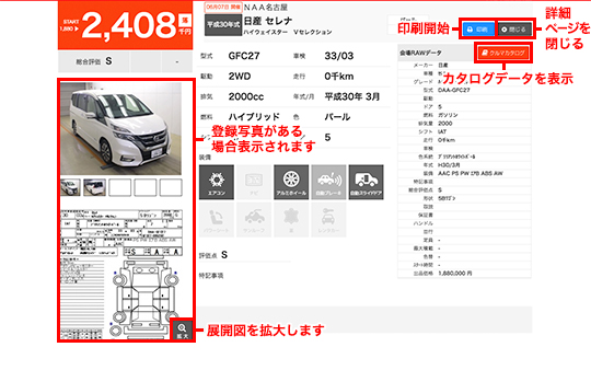 e-JAN オークション価格検索　車両データ詳細画面　イメージ